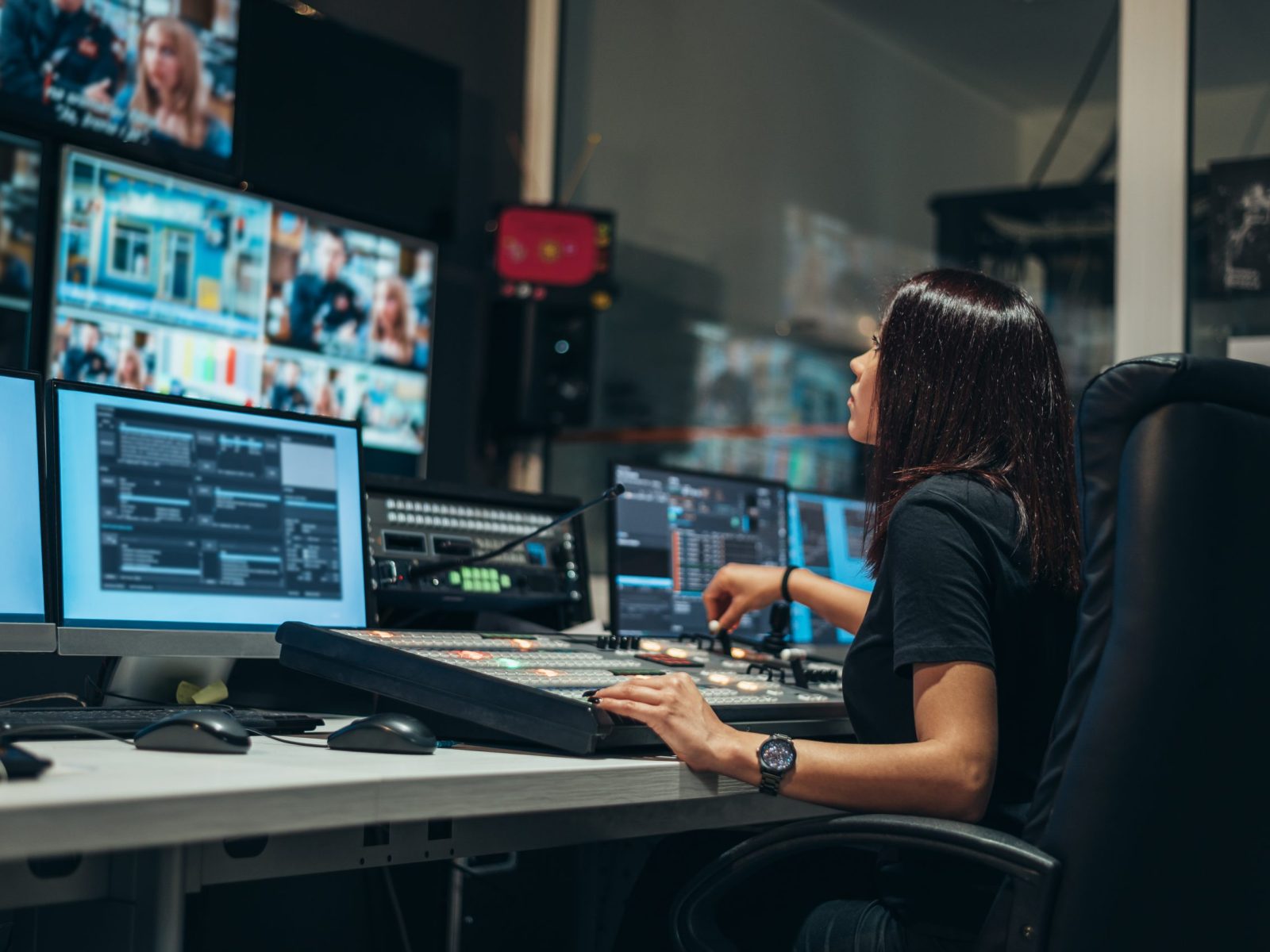 Young beautiful woman working in a broadcast control room on a tv station